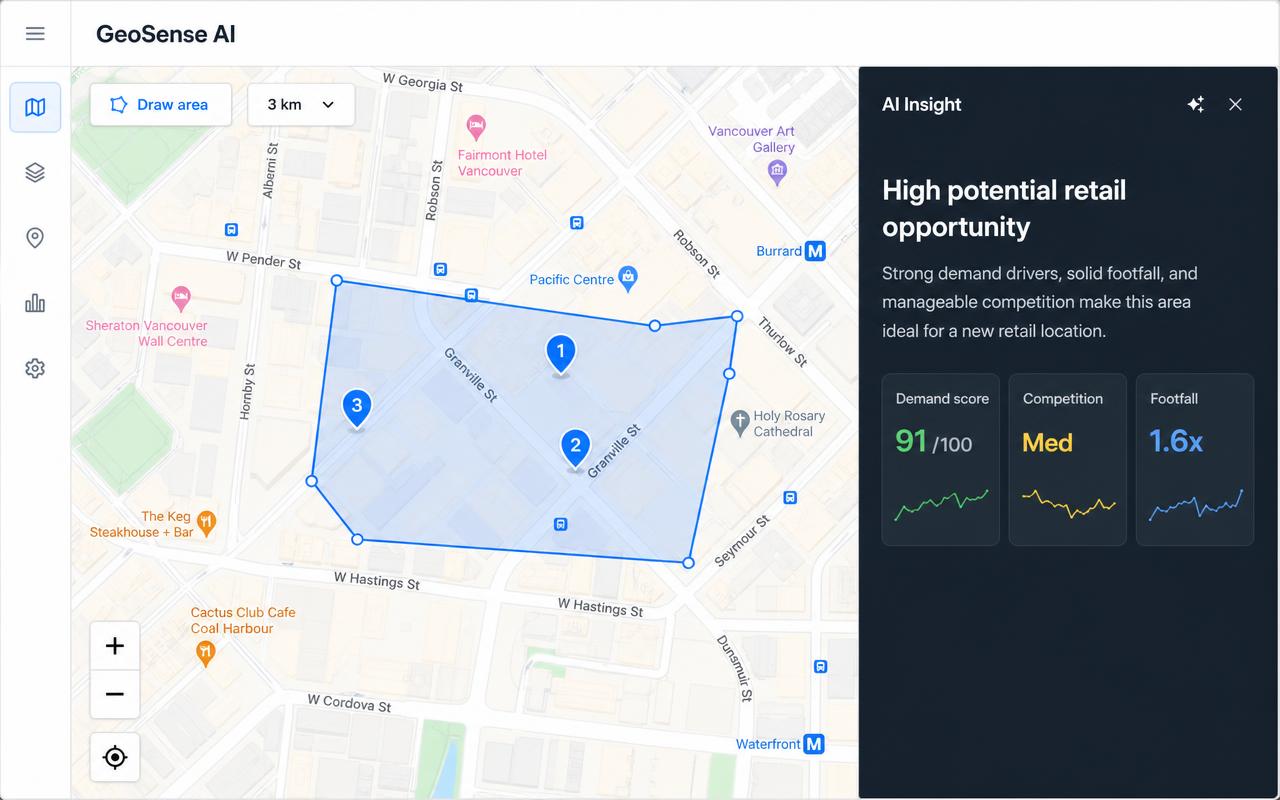 GeoSense AI Insights screen: a drawn polygon on a Google map with an AI insight panel showing demand score, competition and footfall KPIs