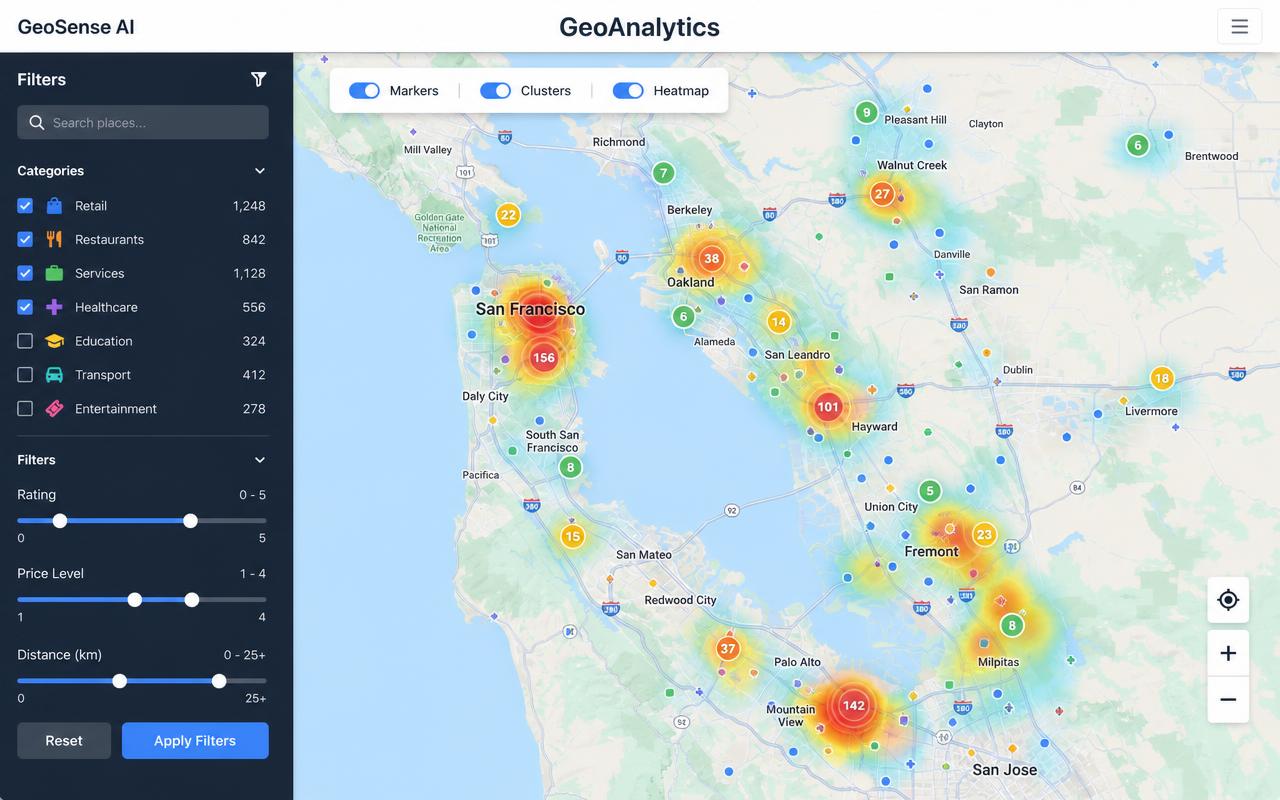 GeoAnalytics screen: Google map with heatmap and clustered POI markers alongside a dynamic filter panel