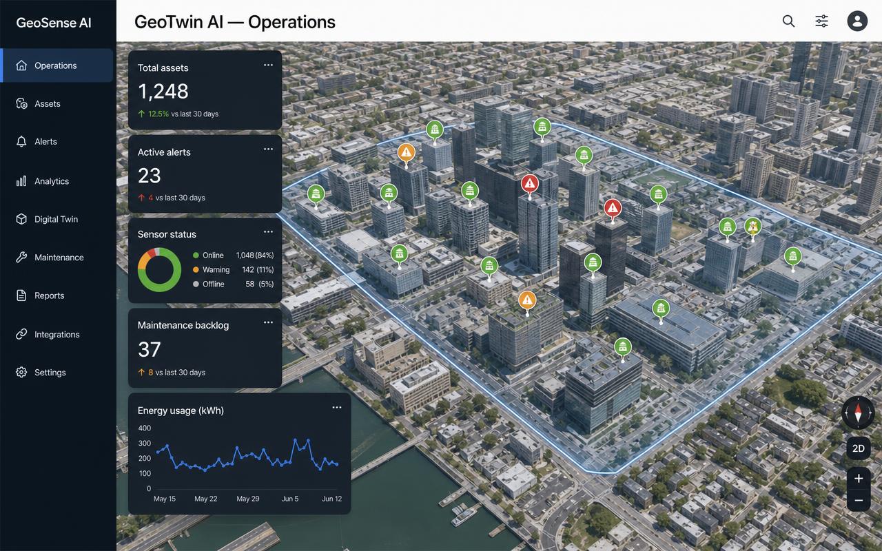 GeoTwin AI operations dashboard: 3D Google map city view with asset markers, facility zone and KPI cards for assets, alerts, sensors and maintenance