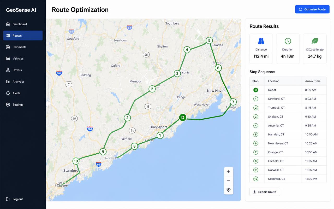 Route Optimization screen: optimized multi-stop route drawn on a Google map with distance, duration, CO2 estimate and stop sequence table
